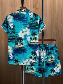 Manfinity RSRT 男士熱帶圖案襯衫和腰部抽繩短褲不帶T恤 - 彩色 - 查看 2