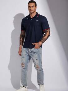 Manfinity Homme Men Plus Antler Print Contrast Trim Polo Shirt - Navy Blue - View 3