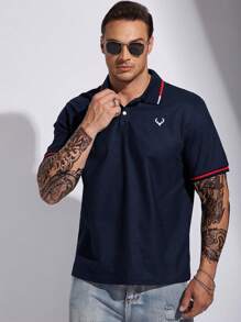 Manfinity Homme Men Plus Antler Print Contrast Trim Polo Shirt - Navy Blue - View 6