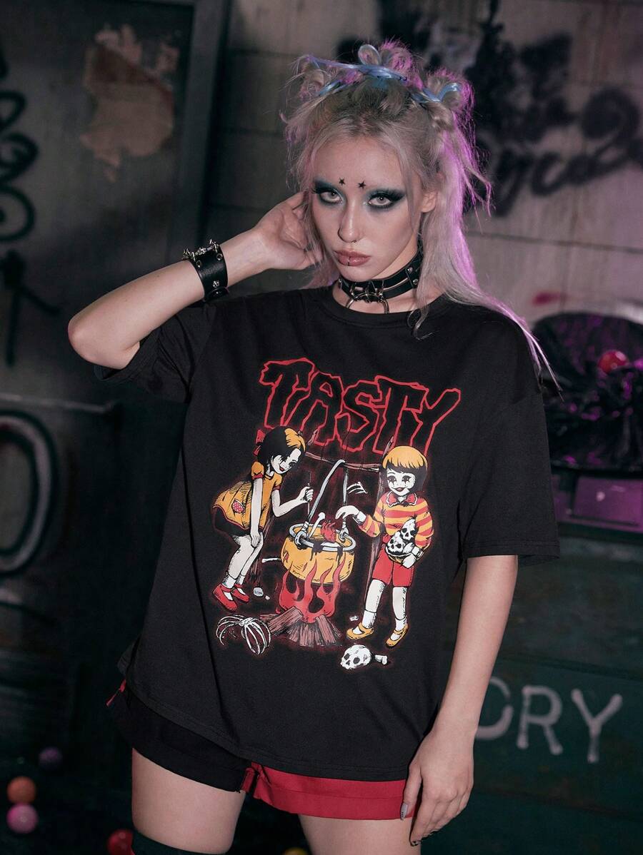 ROMWE Grunge Punk 人像圖案落肩T恤 - 黑色 - 查看 1