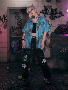 ROMWE Grunge Punk Star Print Button Front Shirt - Blue - View 3