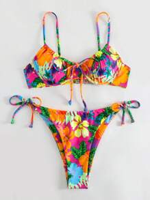 SHEIN Swim 熱帶圖案鋼圈側繫帶比基尼泳裝 - 彩色 - 查看 1