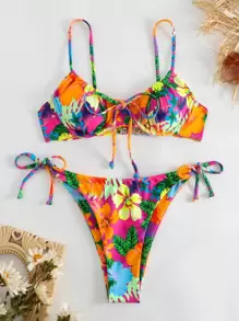 SHEIN Swim 熱帶圖案鋼圈側繫帶比基尼泳裝 - 彩色 - 查看 3