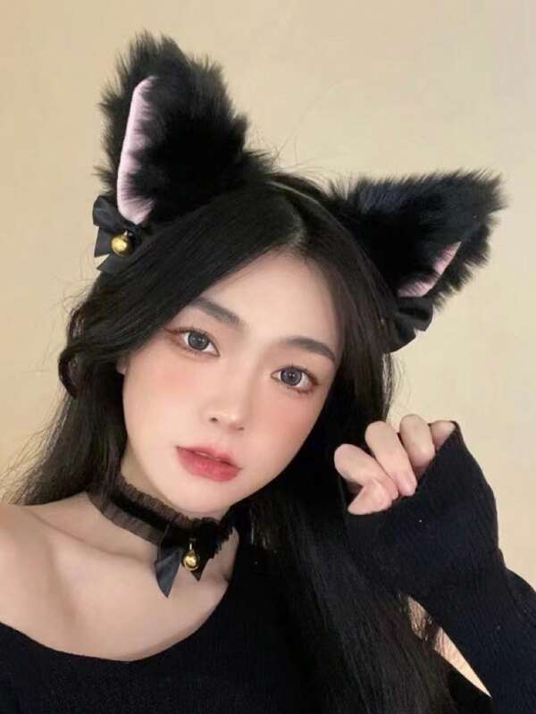 1 قطعة بساط الرأس ذات أذن القطة الفرو الأنيق و 1 قطعة قلادة بشكل جراس استخدام كخادعة في عيد ،أذن قطة