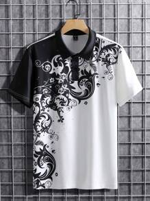 Manfinity AFTRDRK Áo thun có cổ Nam Nút Khối Màu Hoa Giải trí - Đen và trắng - Xem 6