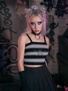ROMWE Grunge Punk Star Rhinestone Striped Cami Knit Top - Multicolor - View 1