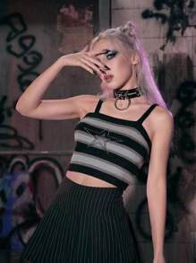 ROMWE Grunge Punk Star Rhinestone Striped Cami Knit Top - Multicolor - View 3