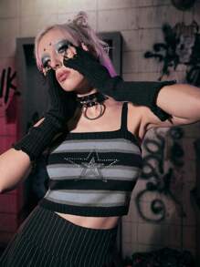 ROMWE Grunge Punk Star Rhinestone Striped Cami Knit Top - Multicolor - View 4