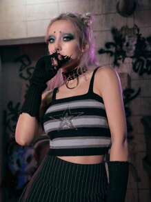ROMWE Grunge Punk Star Rhinestone Striped Cami Knit Top - Multicolor - View 6