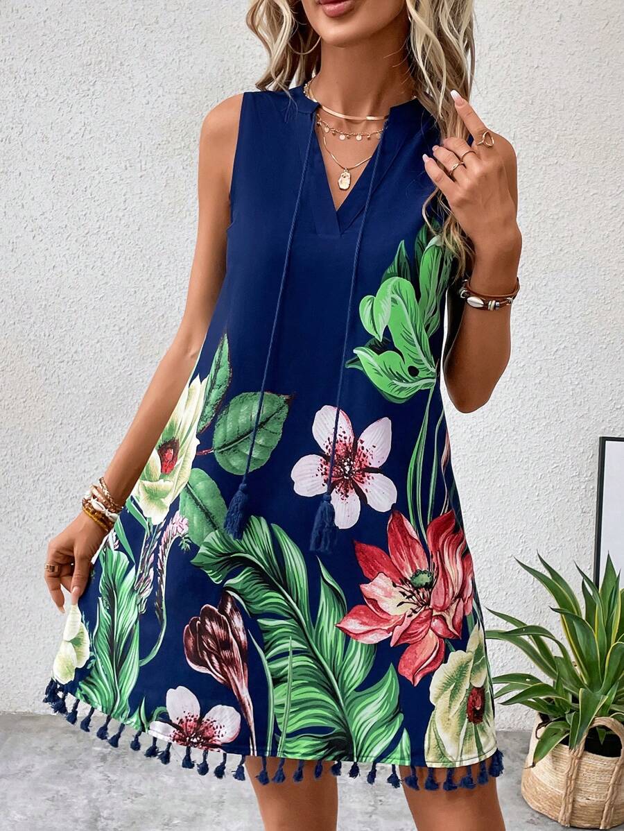 SHEIN VCAY Tropical Print Tassel Trim Tie Neck Dress - Multicolor - View 1