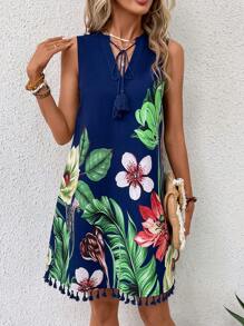 SHEIN VCAY Tropical Print Tassel Trim Tie Neck Dress - Multicolor - View 2
