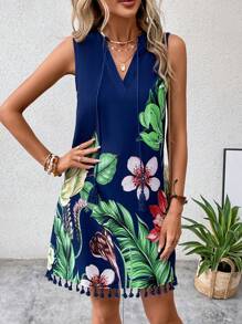 SHEIN VCAY Tropical Print Tassel Trim Tie Neck Dress - Multicolor - View 5