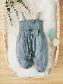 SHEIN Newborn Baby Bow Front Cami Jumpsuit - Dusty Blue - View 1
