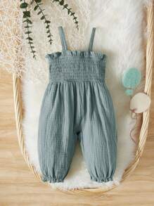 SHEIN Newborn Baby Bow Front Cami Jumpsuit - Dusty Blue - View 2