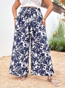 SHEIN VCAY Plus Floral Print Belted Wide Leg Pants
