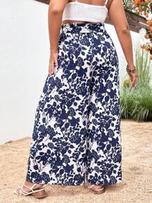 SHEIN VCAY Plus Floral Print Belted Wide Leg Pants