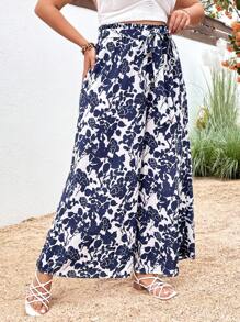 SHEIN VCAY Plus Floral Print Belted Wide Leg Pants