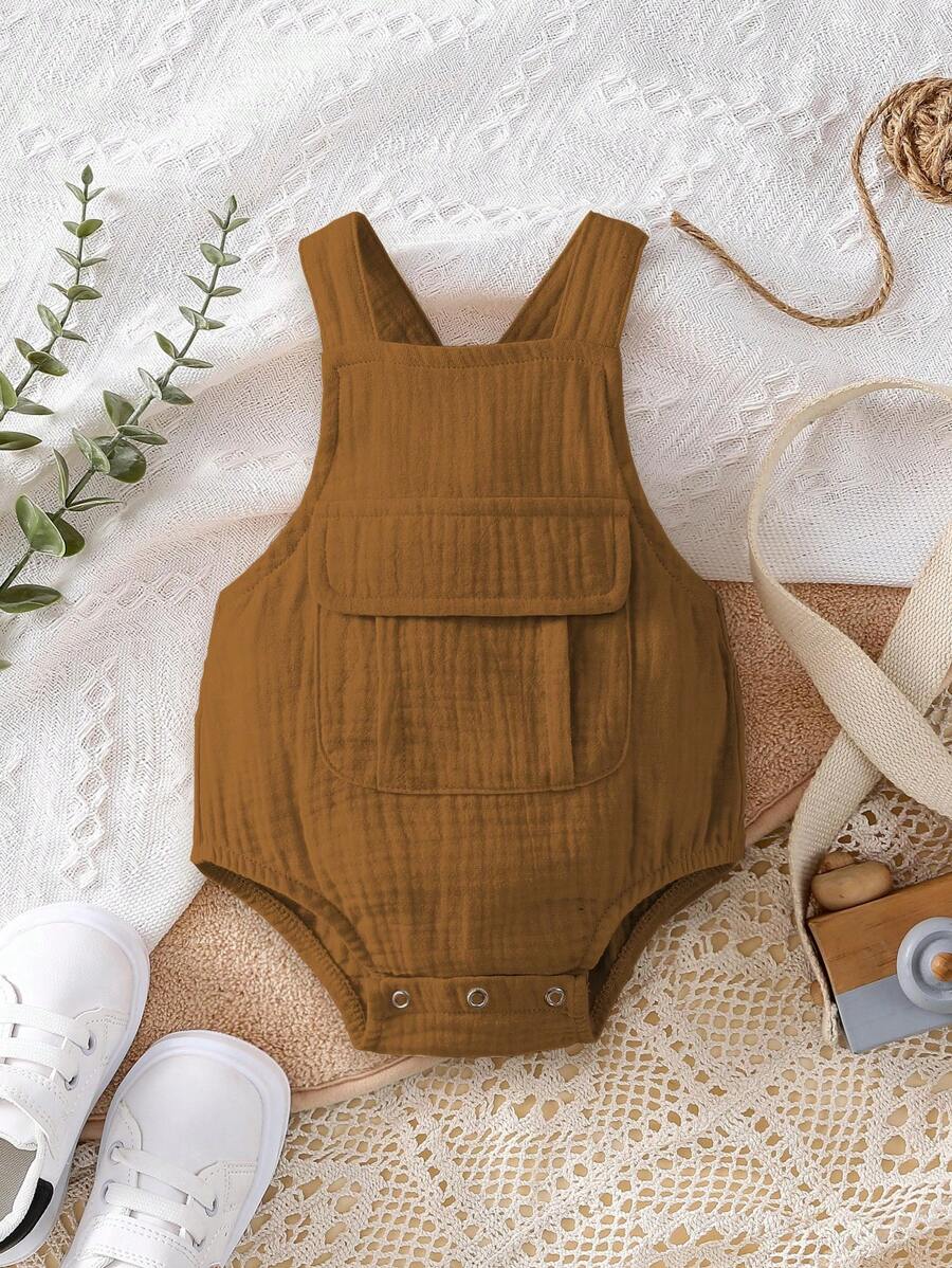 Baby Girl Pocket Front Overall Bodysuit - Brown - View 1