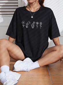 SHEIN EZwear Áo thun nữ Hoa Giải trí - màu đen - Xem 3