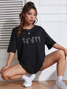 SHEIN EZwear Áo thun nữ Hoa Giải trí - màu đen - Xem 7