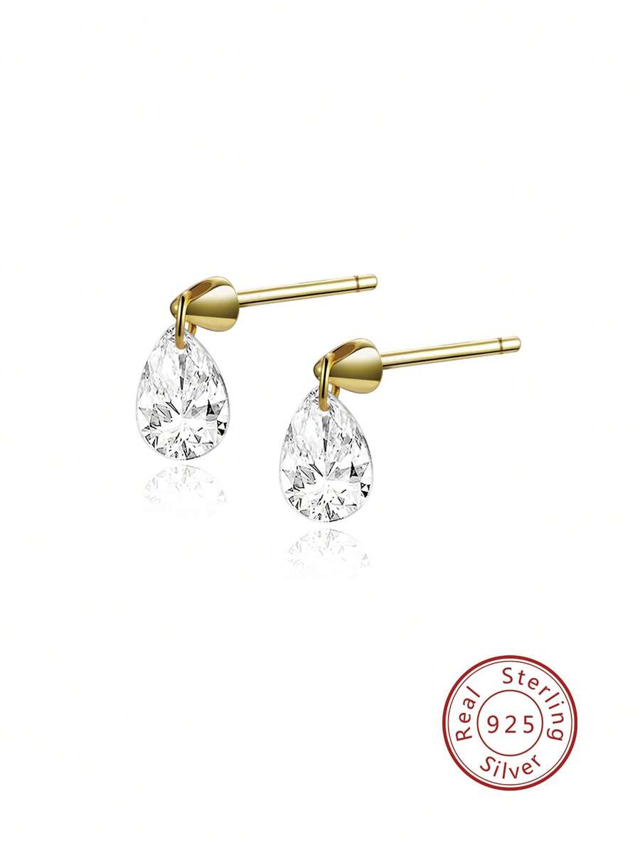 Cubic Zirconia Water-drop Silver Earrings - Gold - View 1