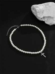 ROMWE 1入組優雅十字架吊飾珍珠串珠項鍊適合女士適合派對