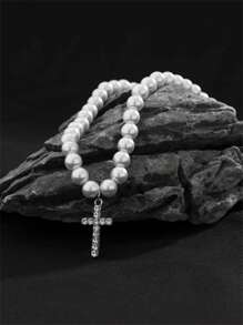 ROMWE 1入組優雅十字架吊飾珍珠串珠項鍊適合女士適合派對