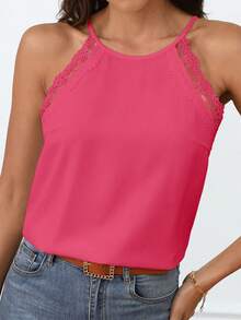 SHEIN Frenchy Áo khoác và áo lót dành cho xe tăng nữ Lộ Lưng Tương phản ren Buộc lại màu trơn Giải trí - Hồng - Xem 2