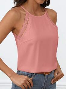 SHEIN Frenchy Áo khoác và áo lót dành cho xe tăng nữ Lộ Lưng Tương phản ren Buộc lại màu trơn Giải trí - Bụi hồng - Xem 4