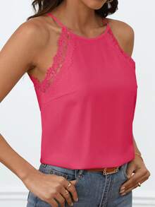 SHEIN Frenchy Áo khoác và áo lót dành cho xe tăng nữ Lộ Lưng Tương phản ren Buộc lại màu trơn Giải trí - Hồng - Xem 6