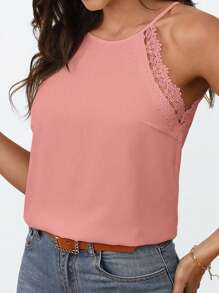 SHEIN Frenchy Áo khoác và áo lót dành cho xe tăng nữ Lộ Lưng Tương phản ren Buộc lại màu trơn Giải trí - Bụi hồng - Xem 6