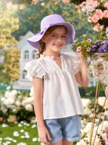 SHEIN Girls Notched Neckline Ruffle Trim Blouse - White - View 2