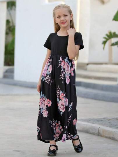 Tween 女童宽松休闲度假花卉印花拼布短袖连衣裙