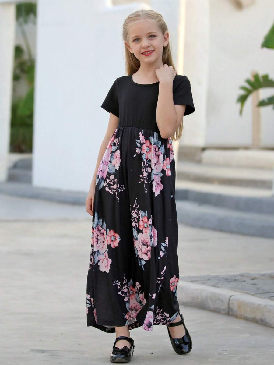 Tween 女童宽松休闲度假花卉印花拼布短袖连衣裙 - 黑色 - 查看 1