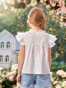 SHEIN Girls Notched Neckline Ruffle Trim Blouse - White - View 3