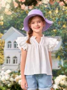 SHEIN Girls Notched Neckline Ruffle Trim Blouse - White - View 4