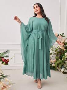 Modelyn Plus Batwing Sleeve Pleated Hem Belted Dress Long Evening Dresses - Green - View 1