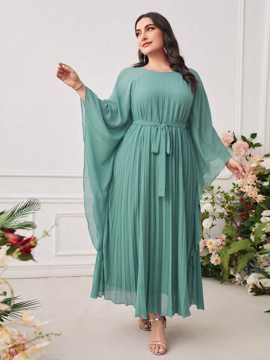 Modelyn Plus Batwing Sleeve Pleated Hem Belted Dress Long Evening Dresses - Green - View 1