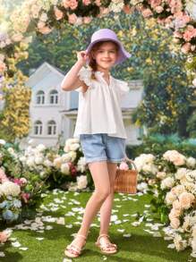 SHEIN Girls Notched Neckline Ruffle Trim Blouse - White - View 5