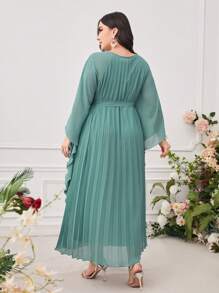 Modelyn Plus Batwing Sleeve Pleated Hem Belted Dress Long Evening Dresses - Green - View 2