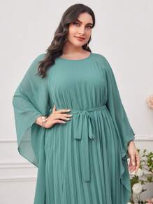 Modelyn Plus Batwing Sleeve Pleated Hem Belted Dress Long Evening Dresses - Green - View 5