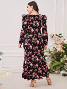 Modelyn 大碼印花雞心領口褶邊魚尾裙下擺連衣裙 - 彩色 - 查看 2