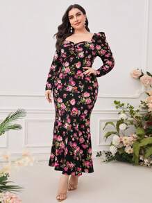 Modelyn 大碼印花雞心領口褶邊魚尾裙下擺連衣裙 - 彩色 - 查看 3