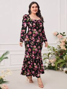 Modelyn 大碼印花雞心領口褶邊魚尾裙下擺連衣裙 - 彩色 - 查看 4