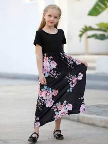 Tween 女童宽松休闲度假花卉印花拼布短袖连衣裙 - 黑色 - 查看 3