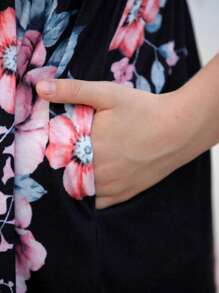 Tween 女童宽松休闲度假花卉印花拼布短袖连衣裙 - 黑色 - 查看 5