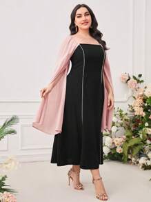 Modelyn Plus Contrast Trim Cloak Sleeve Dress - Baby Pink - View 3