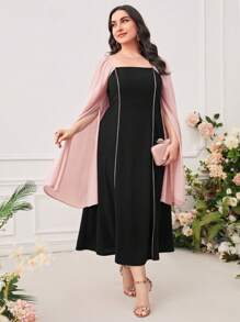 Modelyn Plus Contrast Trim Cloak Sleeve Dress - Baby Pink - View 4