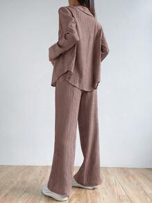 SHEIN EZwear Lapel Neck Crop Shirt & Wide Leg Pants Without Cami Top