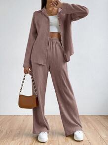 SHEIN EZwear Lapel Neck Crop Shirt & Wide Leg Pants Without Cami Top